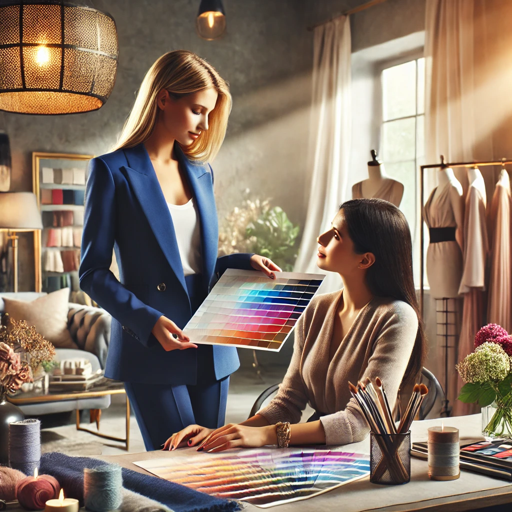 DALL·E 2025-01-19 14.39.09 - A professional and ultra-realistic image for a webshop about color consulting, focusing exclusively on women. The image features a female stylist hold alt="Színtanácsadás – A legjobb színek kiválasztása a tökéletes megjelenéshez"